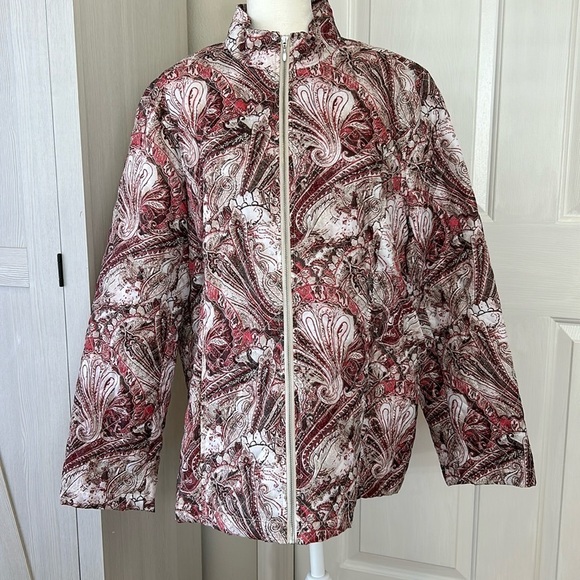 Chicos Quilted style Crème/Brown/Dark Pink Zip jacket Sz 3 - Picture 1 of 5